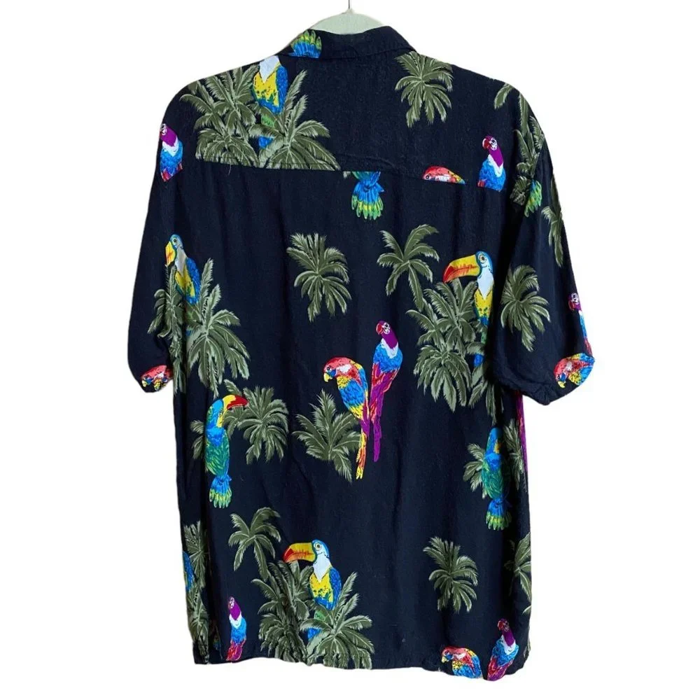 Vtg Thums Up for Him Navy Blue Toucan Parrot Hawaiian‎ Cruise Shirt Men Large